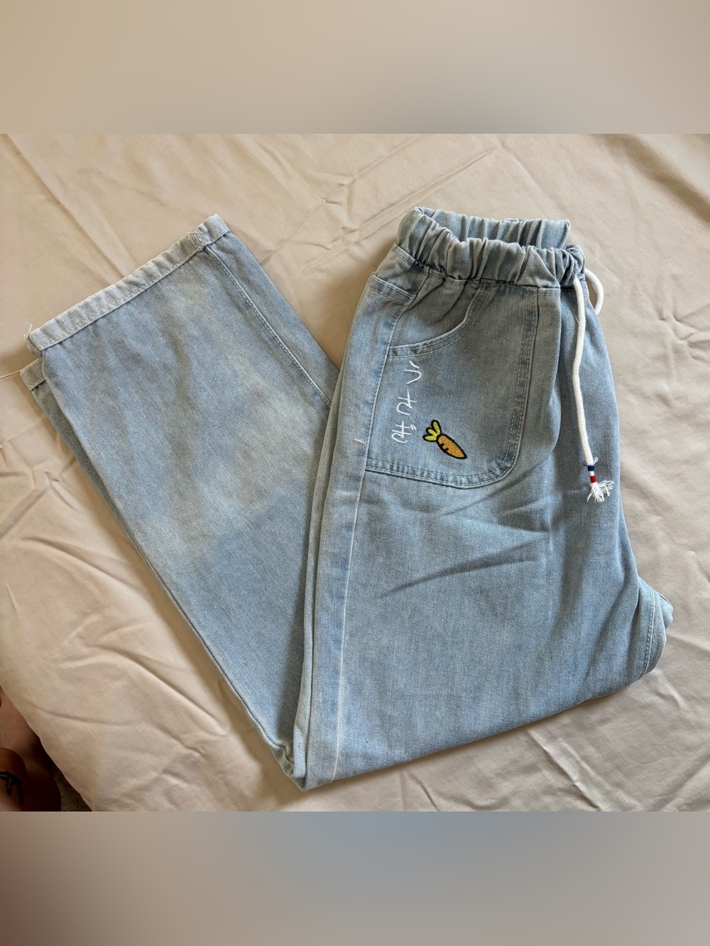 Japanese Kawaii Bunny Embroidered Light Wash Wide Leg Jeans Drawstring